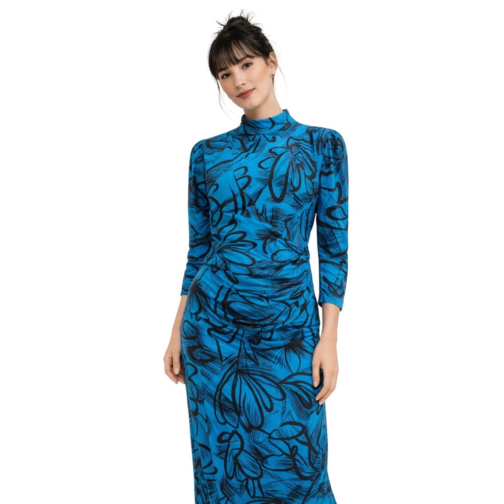 VTG Turquoise Blue Black Abstract Floral Mock Neck Ruched Faux Wrap Midi Dress